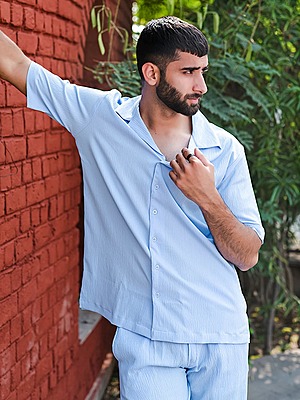 Pale Blue Oversized Popcorn  Texture Half Sleeves Shirt