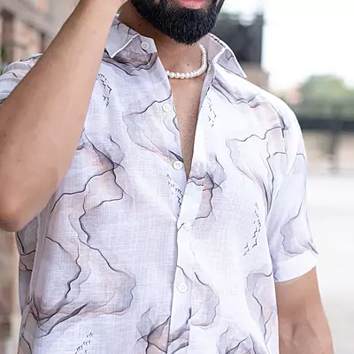 White Marble Print Linen Blend Half Sleeve Shirt