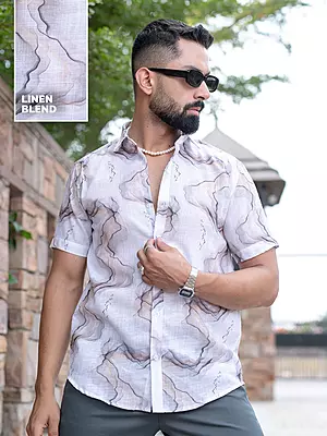 White Marble Print Linen Blend Half Sleeve Shirt