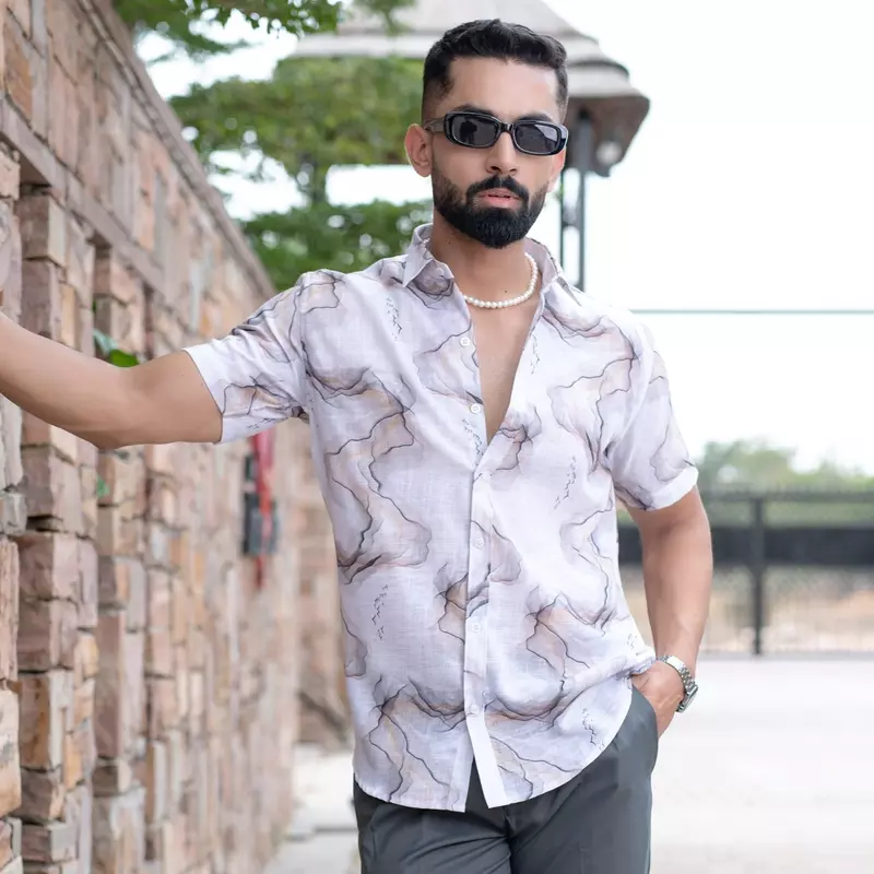 White Marble Print Linen Blend Half  Sleeve Shirt
