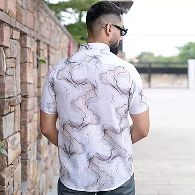 White Marble Print Linen Blend Half Sleeve Shirt