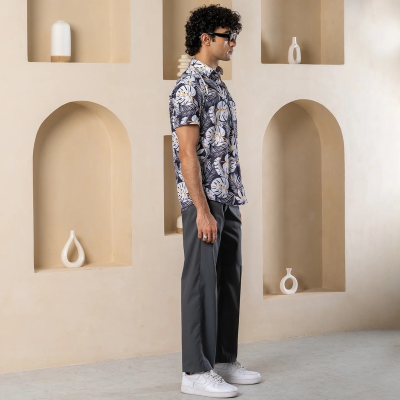 Black Floral Turkish Weave Half  Sleeve Printed Shirt