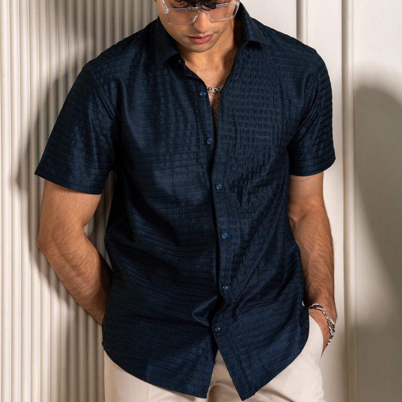 Dark Blue Turkish Weave Half  Sleeve Shirt