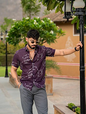 Wine Colour Abstract Embroidered Half Sleeve Linen Shirt