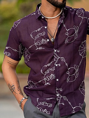 Wine Colour Abstract Embroidered Half Sleeve Linen Shirt