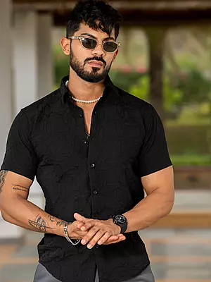 Black Jacquard Leaf Designer Shirt