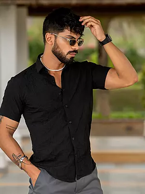 Black Jacquard Leaf Designer Shirt