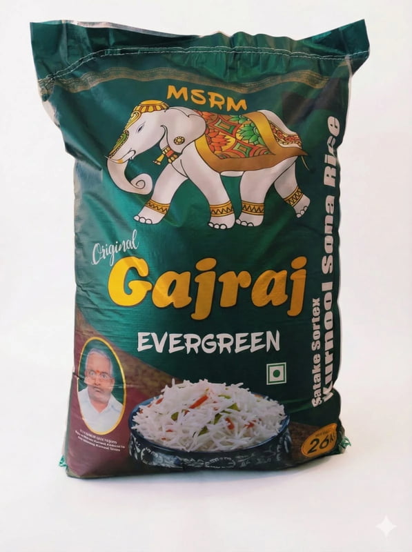 MSRM Gajraj 26kg india Original Evergreen Satake Sortex Kurnool Sona Rice Bopp Bag