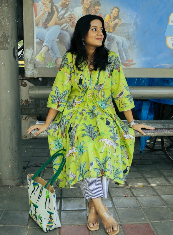 Zeenat's Everyday Flare Top + Pant Set - Light Green Jungle