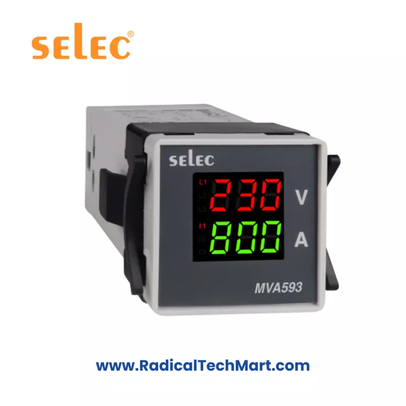 Selec MVA593 LED Volt-Amp Meter 3Ø 48x48mm Front Panel View