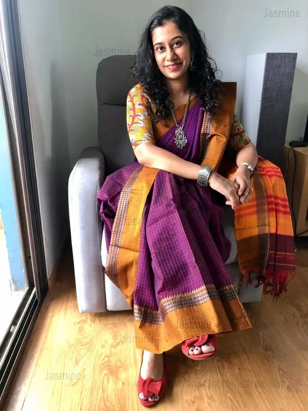 magenta Narayanpet cotton saree with checked body