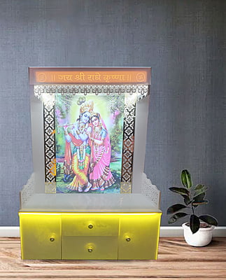 Radha Krishna Full Corian Mandir with Acrylic Print and Storage Space Radha Krishna Full Corian Mandir with Acrylic Print and Storage Space