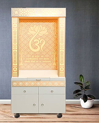 3D Corian Lotus Om Mandir With Pillar and Drawer 3D Corian Lotus Om Mandir With Pillar and Drawer