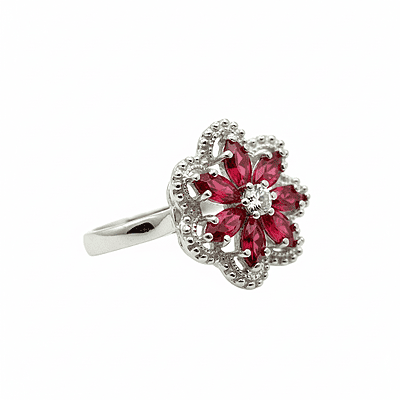 Elegant Flower Cluster Ring with Maroon Gemstones