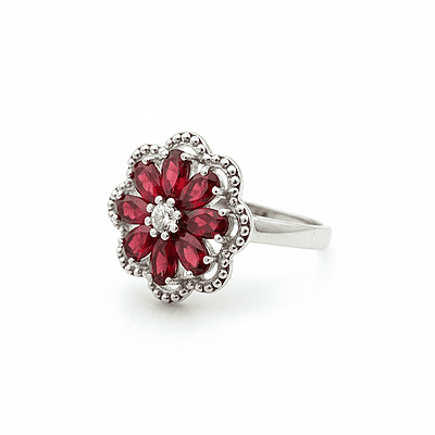 Elegant Flower Cluster Ring with Maroon Gemstones