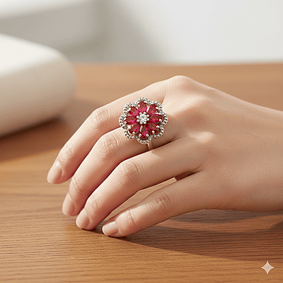 Elegant Flower Cluster Ring with Maroon Gemstones