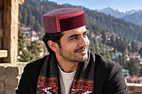 Traditional maroon Bushahri Topi with red embroidered border on a model.