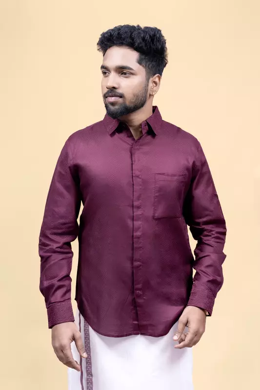 Men's Full Sleeve Embroidered Shirt - Maroon
