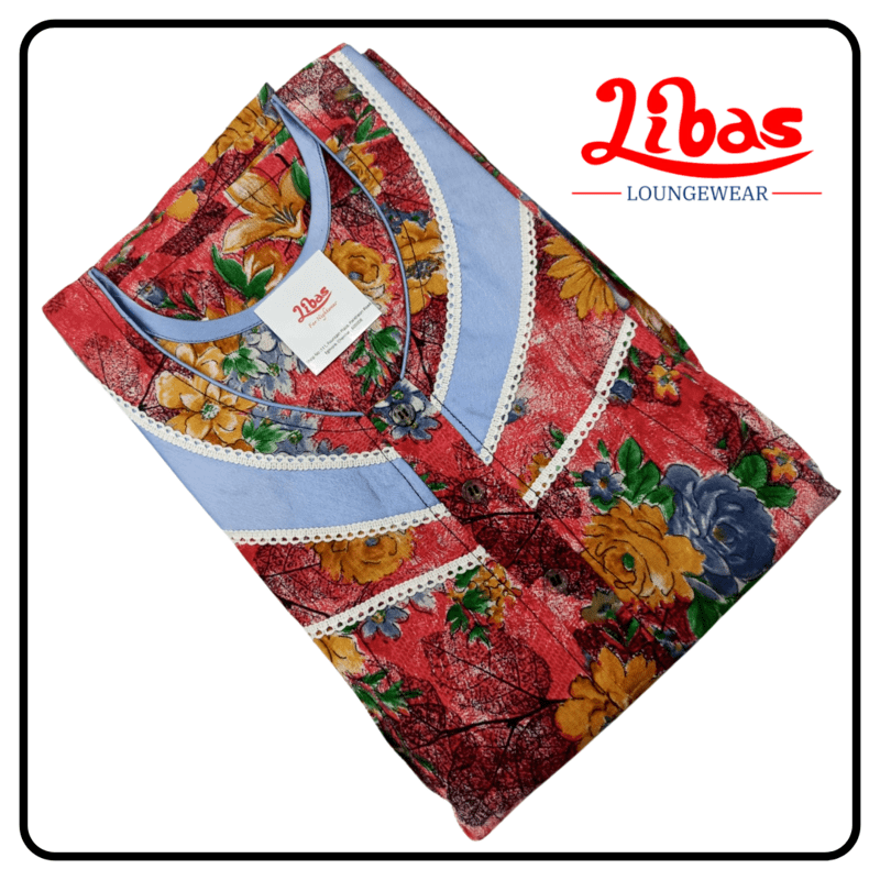Maroon & greyish blue floral print pleated cotton feeding nighty with side zips by libas FNT025 Maroon & greyish blue floral print pleated cotton feeding nighty with side zips by libas FNT025