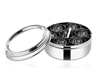 LLM Stainless Steel Masala Dabba with 7 Compartments, See-through Lid, Mirror Finish, Silver
