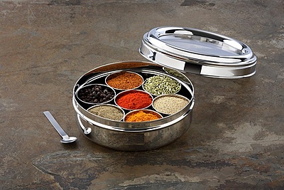 LLM Stainless Steel Masala Dabba with 7 Compartments, See-through Lid, Mirror Finish, Silver