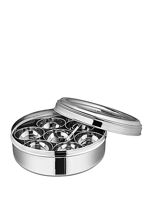 LLM Stainless Steel Masala Dabba with 7 Compartments, See-through Lid, Mirror Finish, Silver