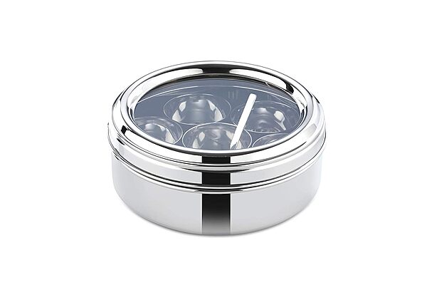 LLM Stainless Steel Masala Dabba with 7 Compartments, See-through Lid, Mirror Finish, Silver