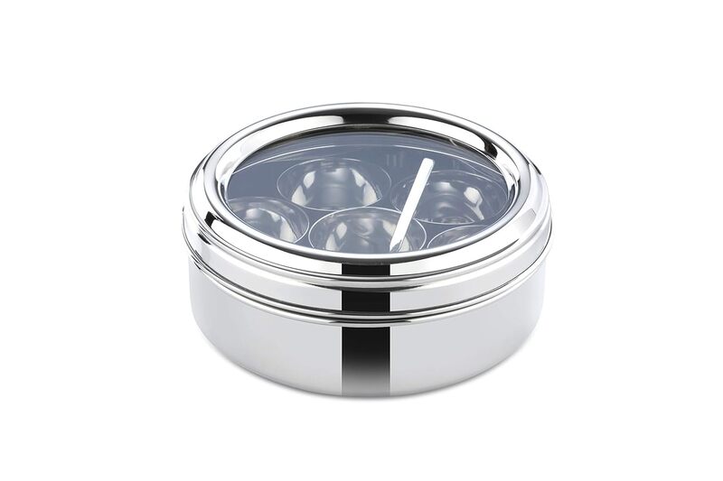 LLM Stainless Steel Masala Dabba with 7 Compartments, See-through Lid, Mirror Finish, Silver