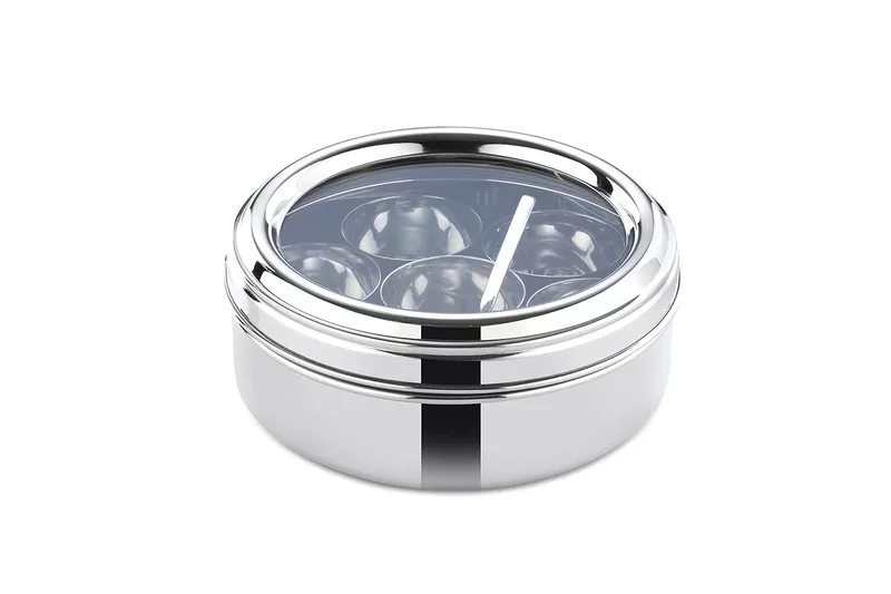 LLM Stainless Steel Masala Dabba with 7 Compartments, See-through Lid, Mirror Finish, Silver
