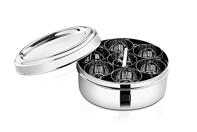 LLM Stainless Steel Masala Dabba with 7 Compartments, See-through Lid, Mirror Finish, Silver