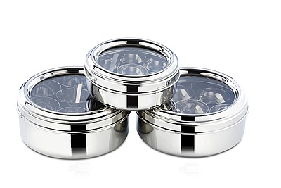 LLM Stainless Steel Masala Dabba with 7 Compartments, See-through Lid, Mirror Finish, Silver