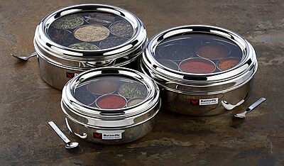 LLM Stainless Steel Masala Dabba with 7 Compartments, See-through Lid, Mirror Finish, Silver