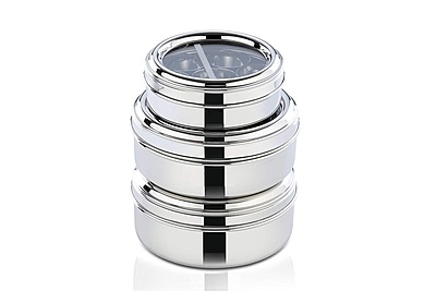 LLM Stainless Steel Masala Dabba with 7 Compartments, See-through Lid, Mirror Finish, Silver