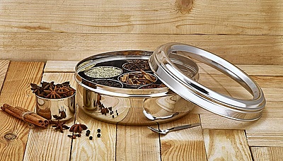 LLM Stainless Steel Masala Dabba with 7 Compartments, See-through Lid, Mirror Finish, Silver