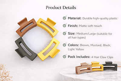 4 in 1 Matte Rectangle Hair Claw Clips for Women & Girls