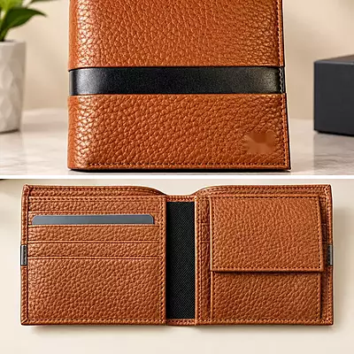 Premium Men’s Brown Bi-Fold Wallet | Textured Finish with Black Stripe