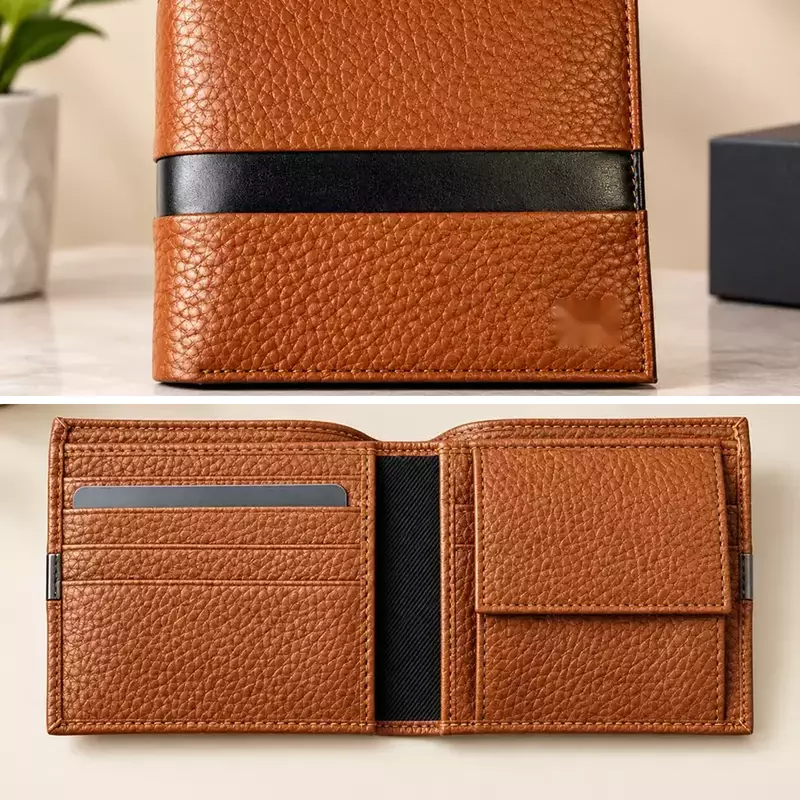 Premium Men’s Brown Bi-Fold Wallet | Textured Finish with Black Stripe