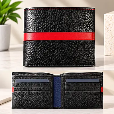 Premium Men’s Black Bi-Fold Wallet | Textured Finish with Red Stripe