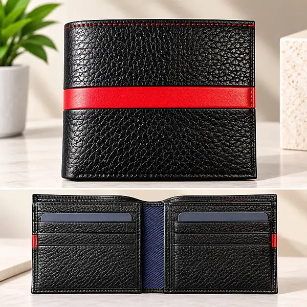 Premium Men’s Black Bi-Fold Wallet | Textured Finish with Red Stripe