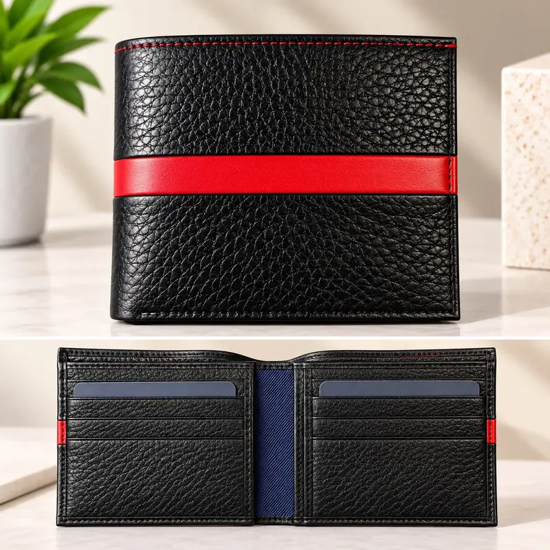 Premium Men’s Black Bi-Fold Wallet | Textured Finish with Red Stripe
