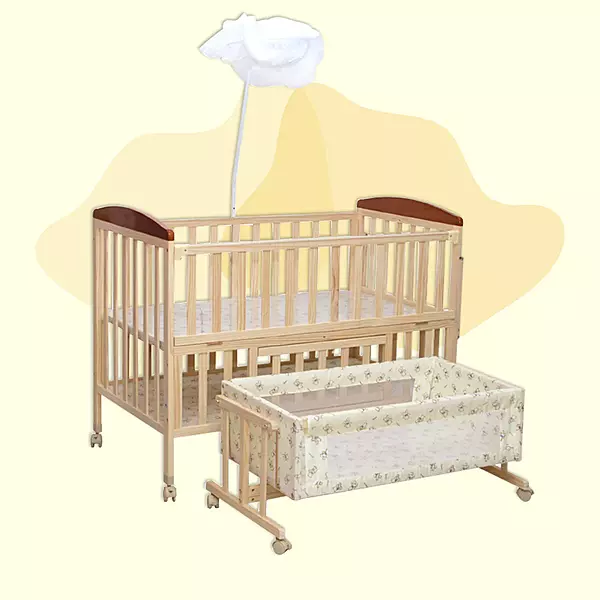 Mee Mee - Wooden Baby Cot with Swinging Cradle & Mosquito Net Adjustable Height Baby Crib Bed