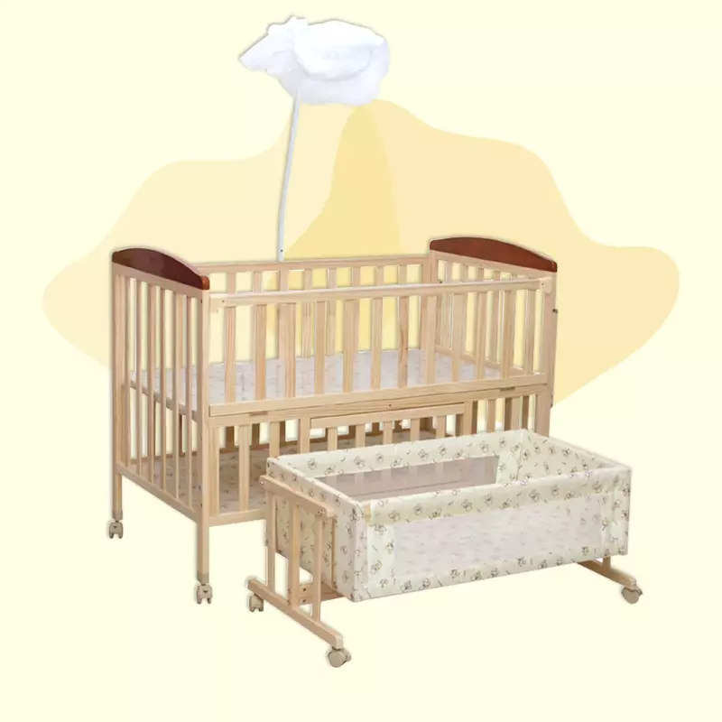 Mee Mee - Wooden Baby Cot with Swinging Cradle & Mosquito Net Adjustable Height Baby Crib Bed
