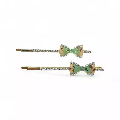 Sparkling Mint Green Bow Crystal Hair Clips (Set of 2)