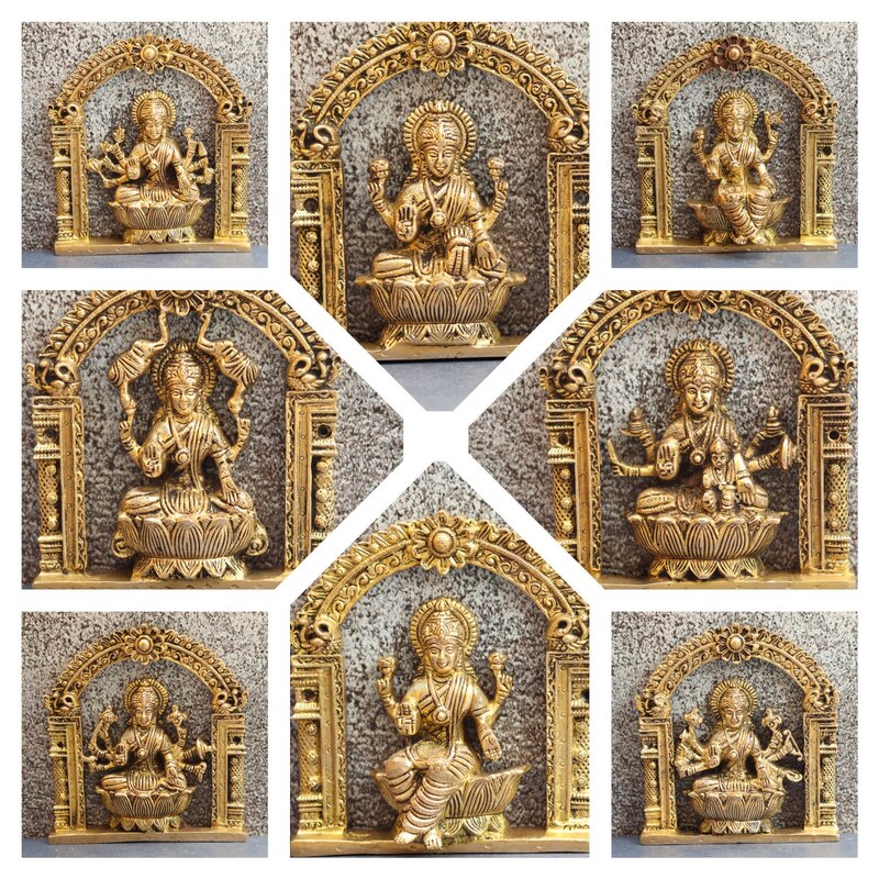 Brass Ashta Lakshmi Wall Art Plate Set for Pooja Room Decor - 6 Inch Height