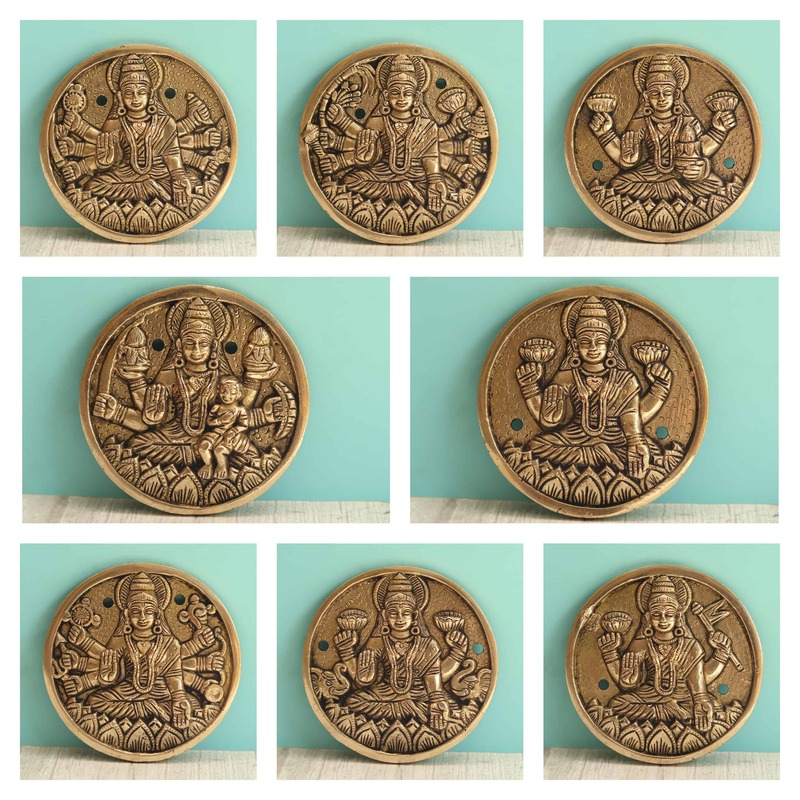Brass Superfine Ashtalakshmi Engraved Wall Plates Set of 8 Pcs - 4 Inch Height