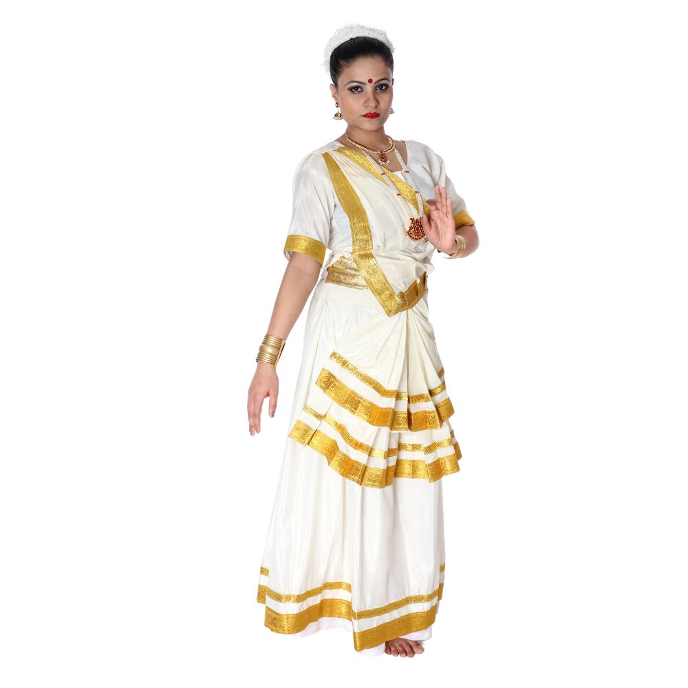 Mohiniyattam Dance Costumes Off White & Golden Border Mohiniyattam Dance Costumes Off White & Golden Border