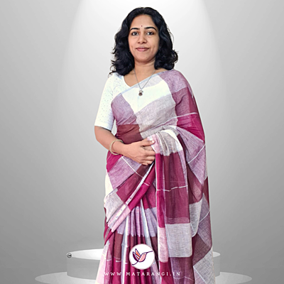 Burgundy Multicoloured Organic Handloom Linen Saree