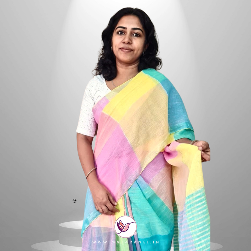 Pastel Multicoloured Organic Handloom Linen Saree
