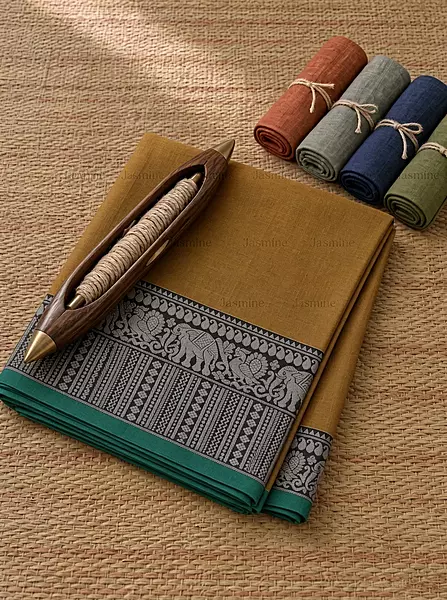 Mustard mercerised cotton saree with thread-woven elephant peacock motifs