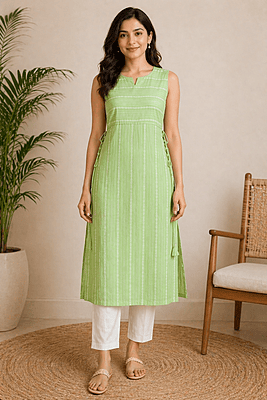 Pastel Green Sleeveless Straight Kurti with Woven Stripe Design & Side Tie-Up